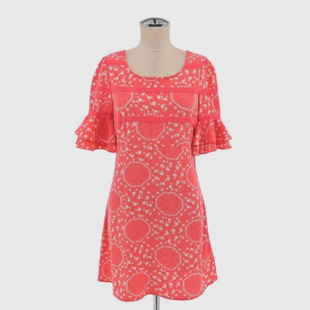 Free People Geo Garden Floral Mini Dress Womens Size 4 Coral Pink Boho Ruffle‎